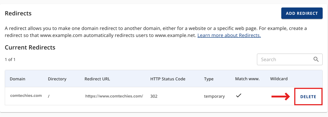 click on the DELETE button to remove the redirect