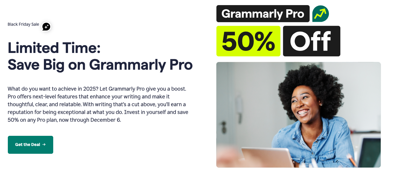 Grammarly Black friday sale with 50% OFF on ots pro plan