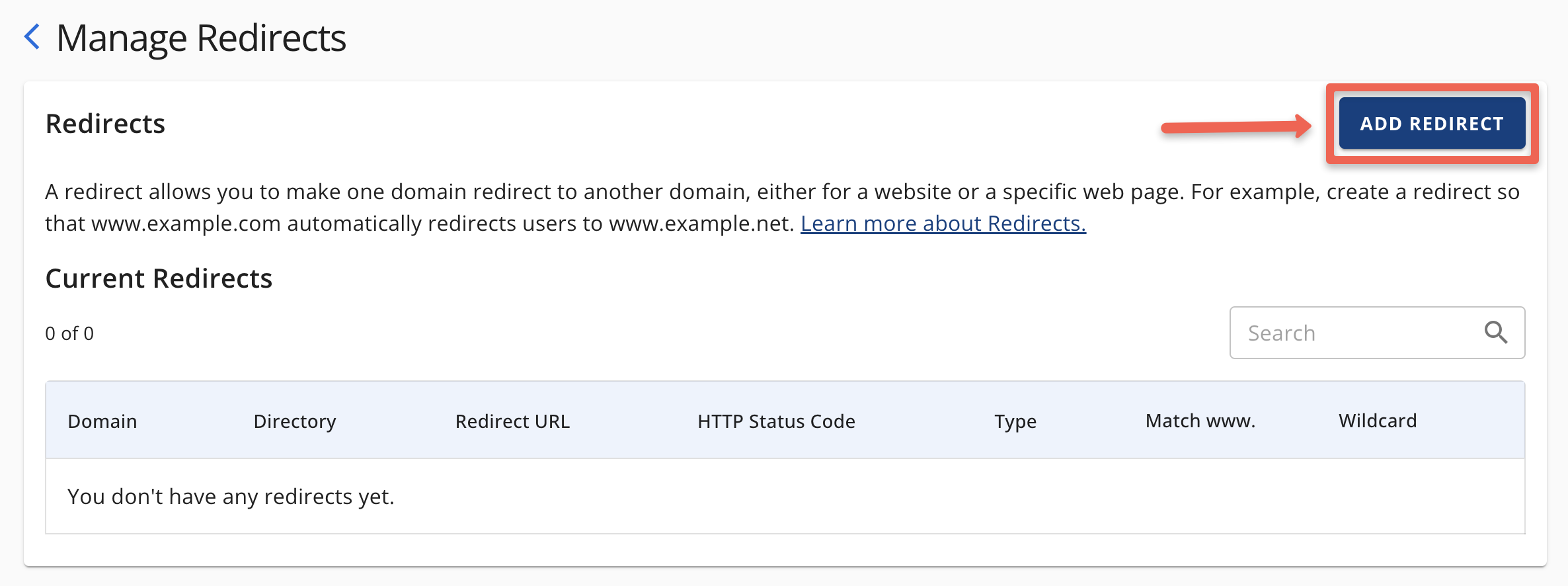 click on the Add Redirect button in the manage redirects page
