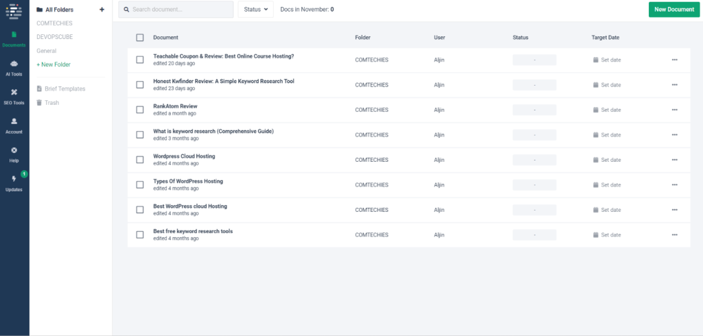 Dashboard of frase.io