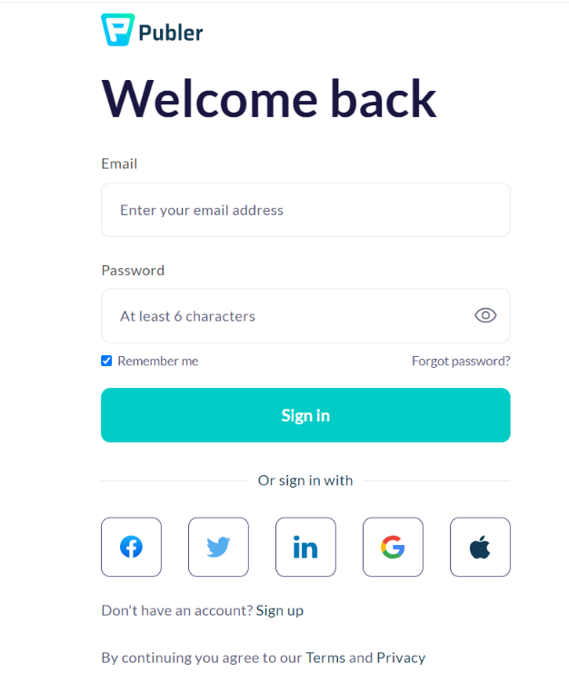 Publer sign in page