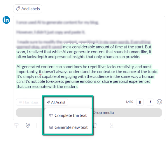 Publer example: Ai assist in publer(complete the text or generate new text using AI