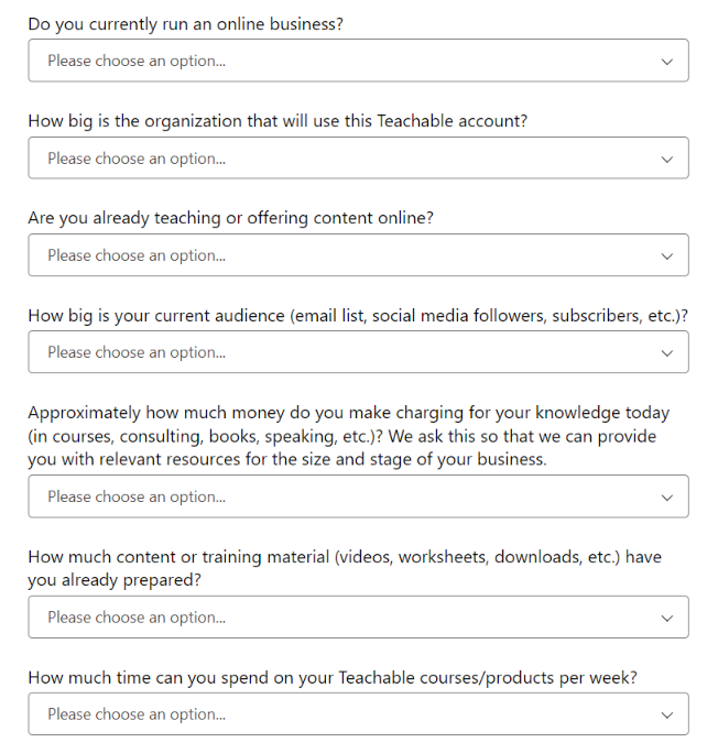 Teachable review: second page of sign in, This section will help Teachable to understand you and your goals in creating courses.