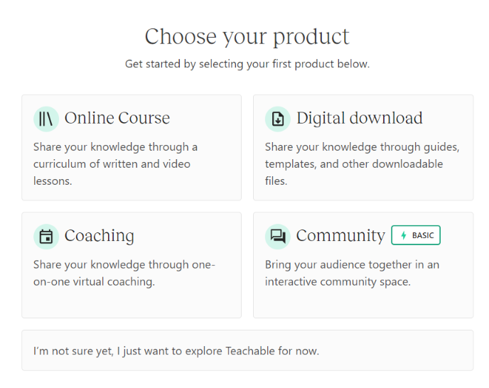 Teachable review: fourth page of sign in, choose your product