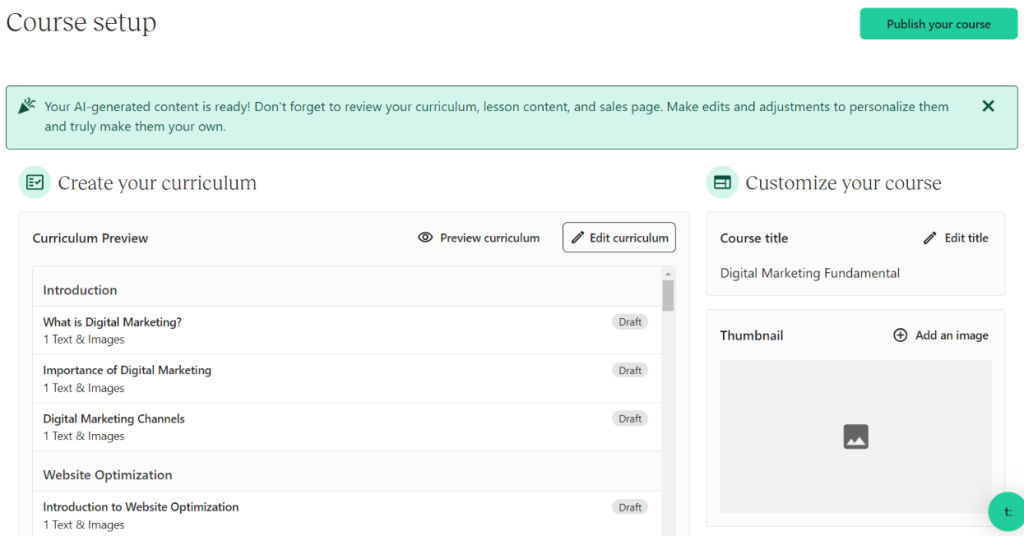 Teachable review: atlast the customization page and publish your course on Teachable