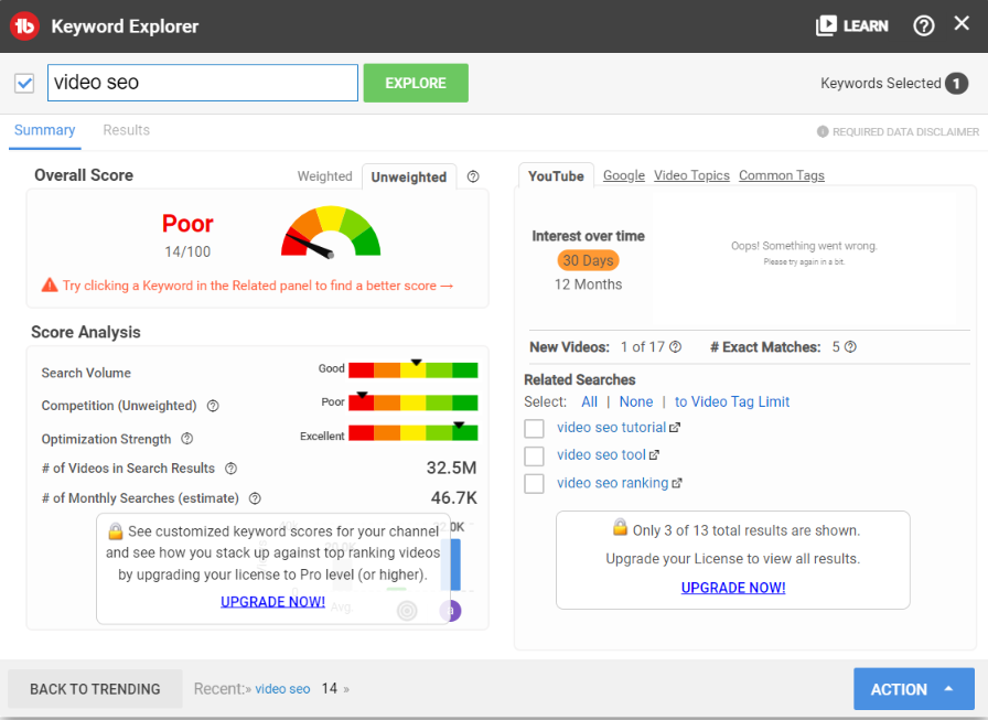 tubebuddy review : I typed Keyword 'video seo' and it gives the result