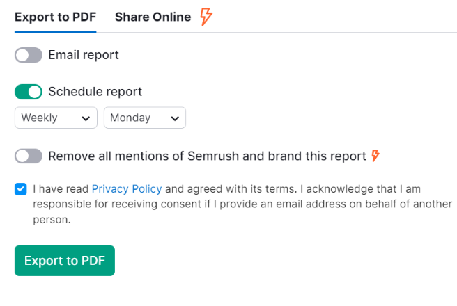 Semrush Position Tracking: this is the page to export the report as pdf or it can send the report to your email in a PDF format.