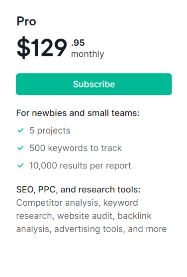 Semrush cost: semrush monthly pro plan