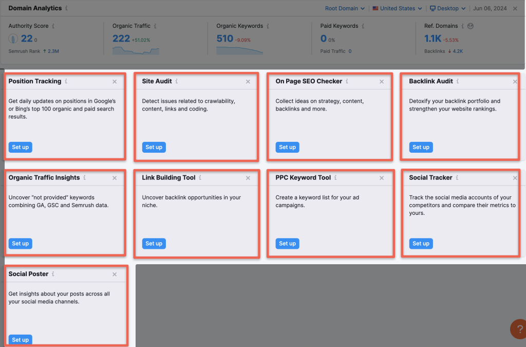 Then, you will get a page to set up, Position Tracking (keyword tracking) Site Audit On-Page SEO Checker Backlink Audit Organic Traffic Insights Link Building Tool PPC Keyword Tool These are the SEO features and you will also get a Social Tracker and Social Poster to set up a project.