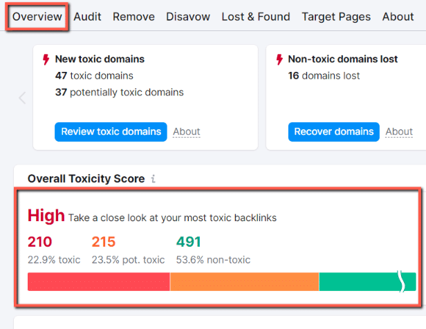 Remove toxic backlinks: In the overview tab, you can see the overall score of your toxic links, which are linked to your website. Also, it shows the percentage of links. Three colors are shown in the graph, Red - Toxic (Score 60-100) Orange - Potentially toxic (score 45-59) Green - Non-toxic (score 0-44)