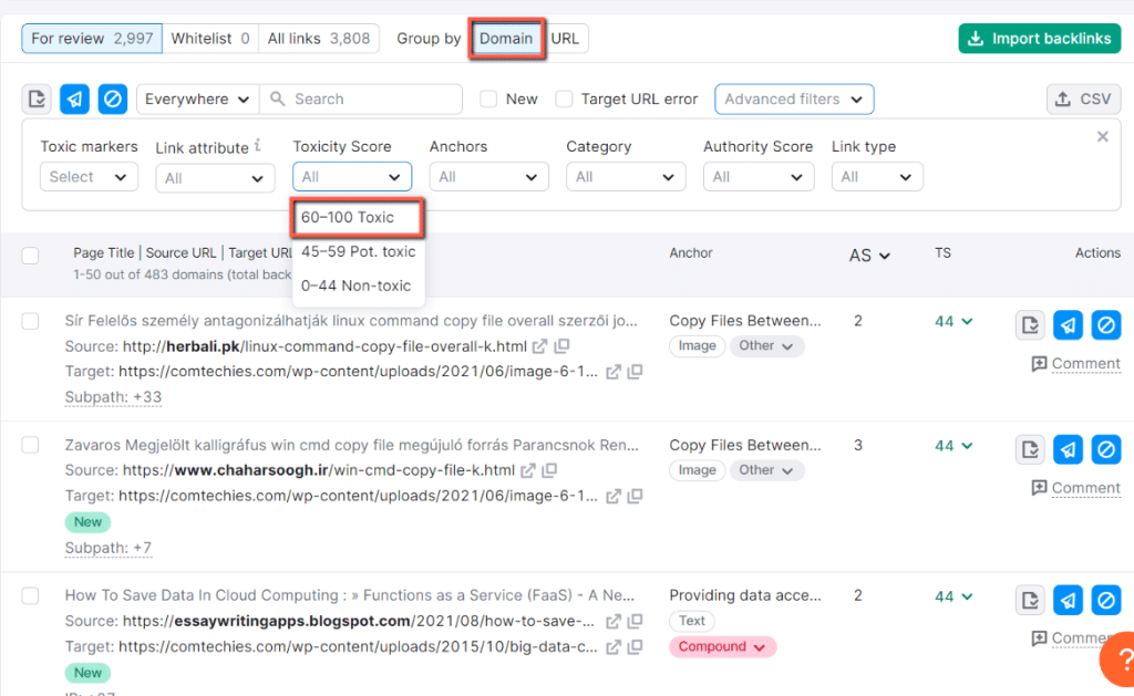 Remove toxic backlinks: Now, move to the audit tab. Here you will find the links, which are harmful to your site. My suggestion is, in the filter choose a domain and toxic score from 60-100. Because it is the first thing you want to remove
