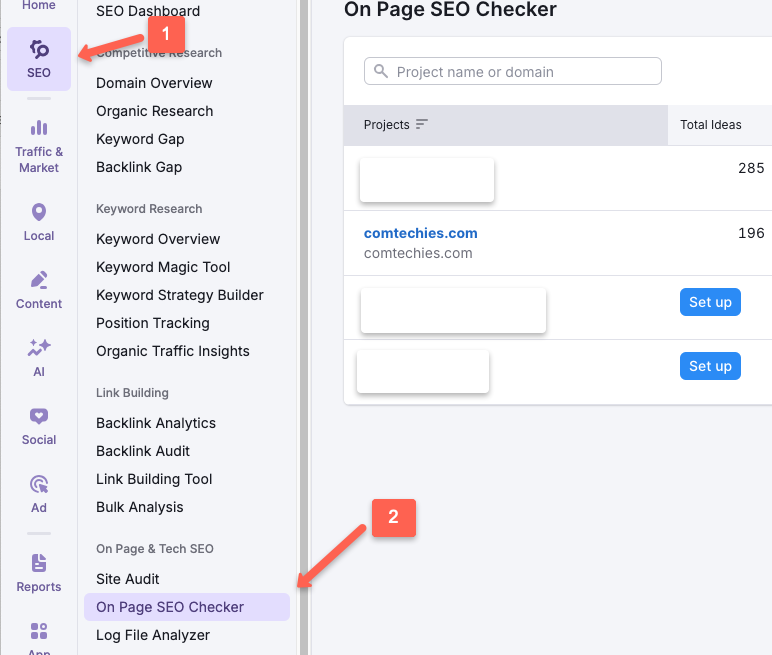 Semrush On Page SEO checker: Go to SEO dashboard and click on On Page SEO Checker