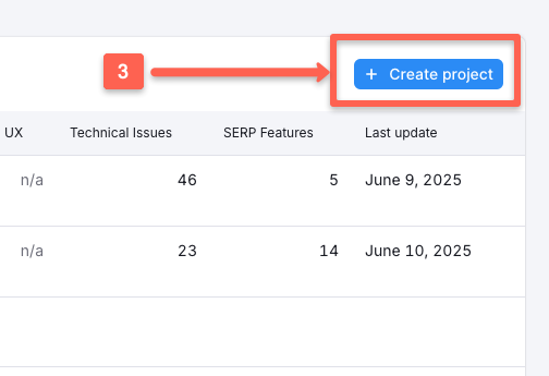 Semrush On Page SEO checker: User have to click in the create project to enter the details of his/her website.