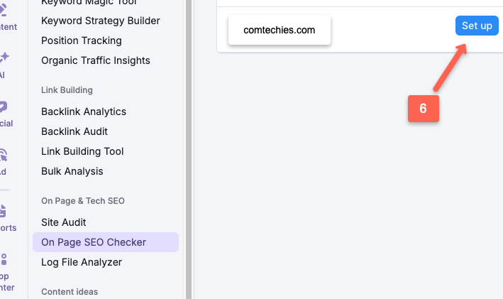 Semrush On Page SEO checker: User have to check on the set up button