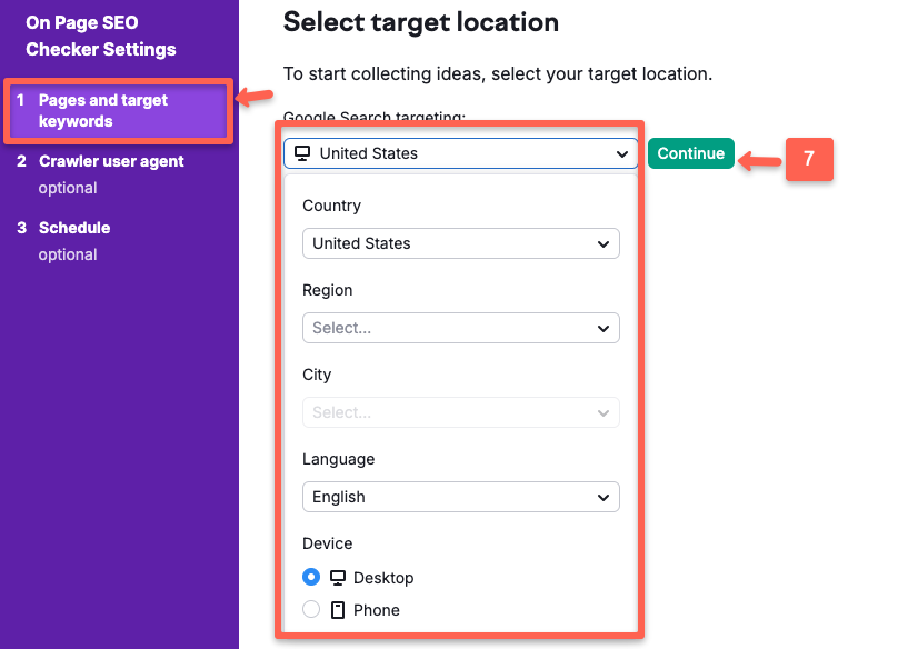 Semrush On Page SEO checker: User have to check on the set up button