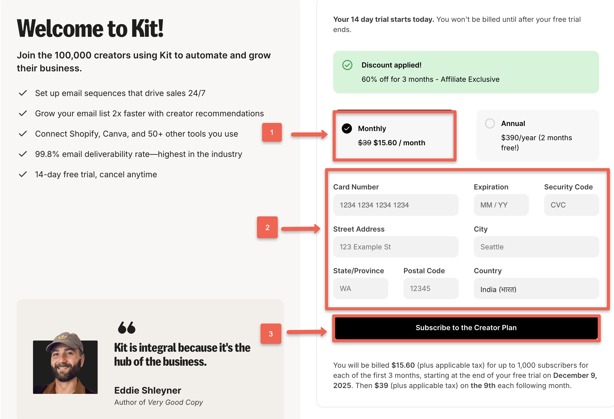 Choose monthly plan, input card and address details and click subscribe to the creator plan.
