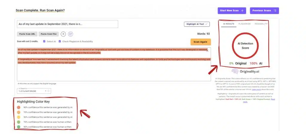 Access the Originality.ai dashboard and place a box around the highlighted color key, along with the AI detector option (as shown in the example)