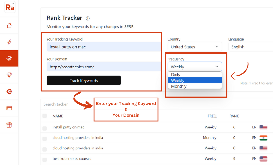 Rankatom: rank tracker, Enter your tracking keyword and your domain and click on track keywords.