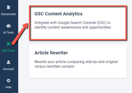example: SEO tool in frase.io, the tool name is GSC Content Analytics