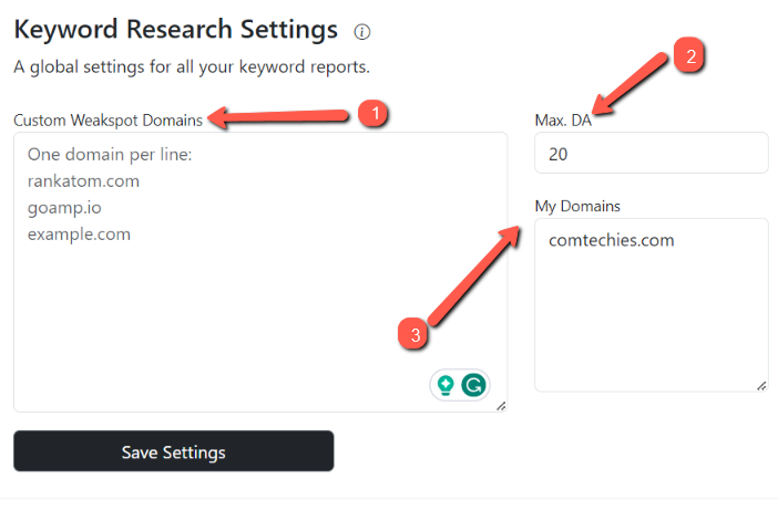 Rankatom review example: Keyword Research Settings page