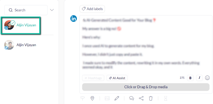 Publer example: select the option of linkedin account to publish or schedule post