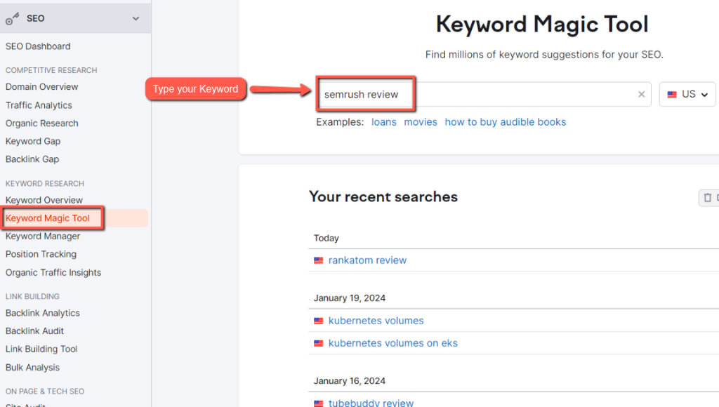 How to do keyword research using semrush: example, keyword magic tool search bar page