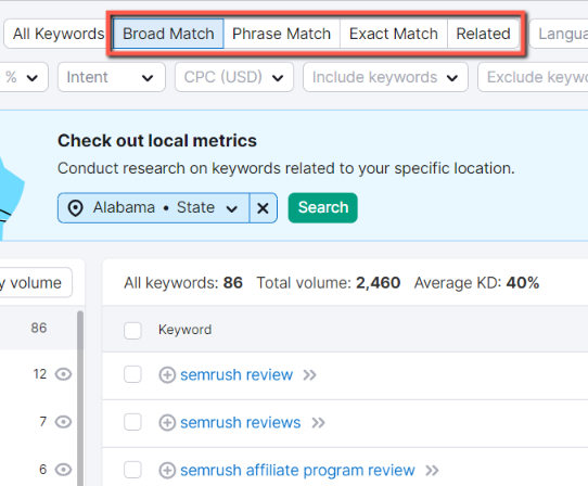 How to do keyword research using semrush: example, you have option to see, phrase match, exact match and related keyowrds