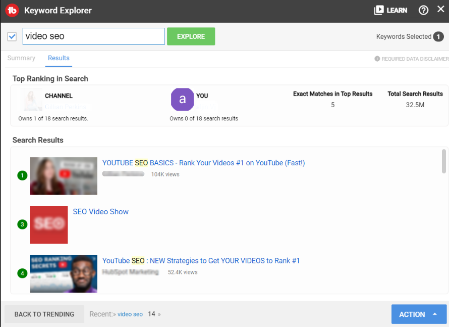 tubebuddy review : Top videos for my keyword.