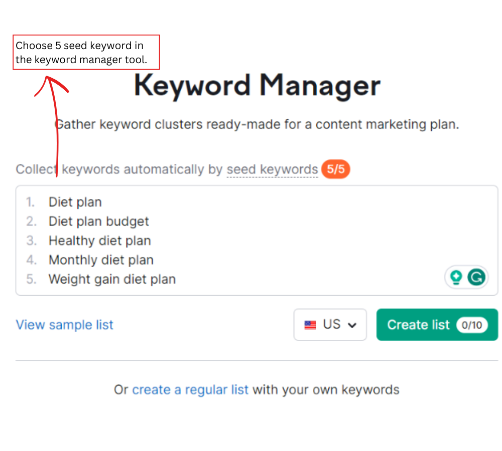 How to do keyword clustering with Semrush keyword manager: Enter 5 seed keywords for keyword clustering