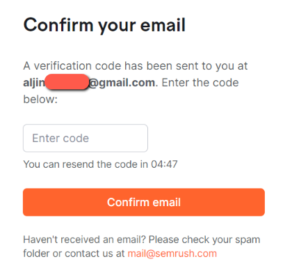 Semrush login: 6 digit confirmation code to enter for confirm the semrush account