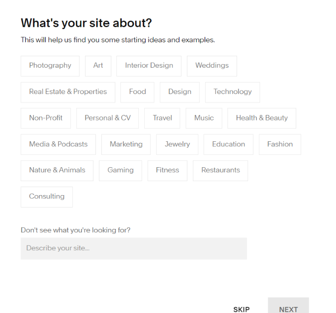 Squarespace review: next step after login and choose any one option, that what's your website about