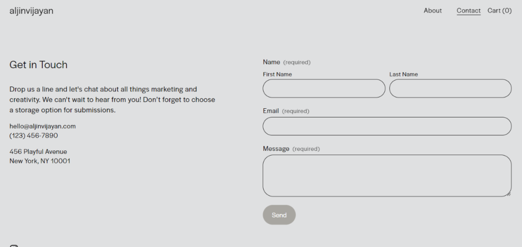 Squarespace review: this is my contact page, that created by Squarespace