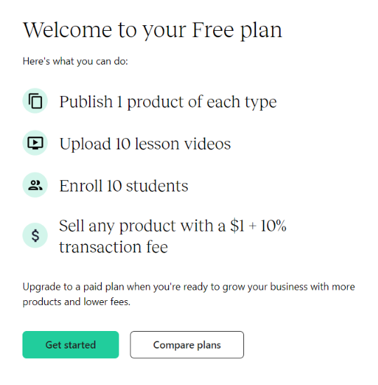 Teachable review:  third page of sign in, If you want to explore your free plans or compare plans
