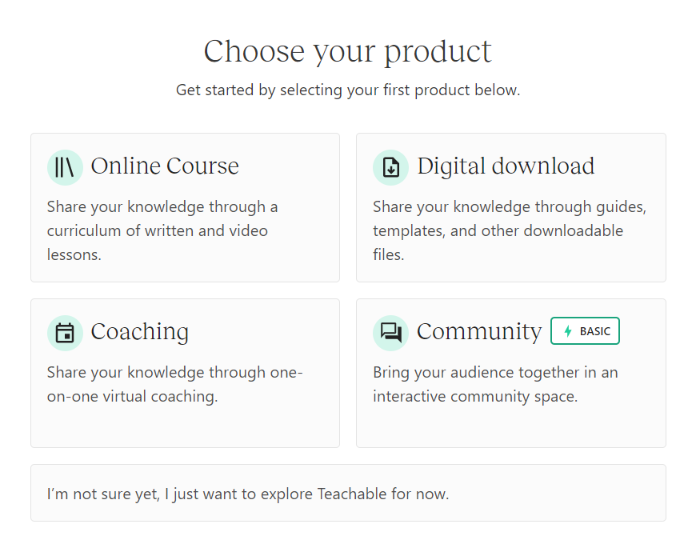Teachable review:  fourth page of sign in, choose your product