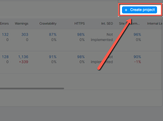create button to create a new project in semrush site audit