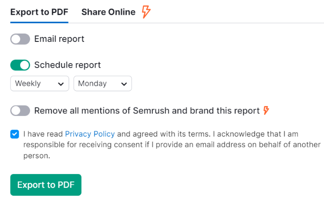 Semrush Position Tracking:  this is the page to export the report as pdf or it can send the report to your email in a PDF format. 