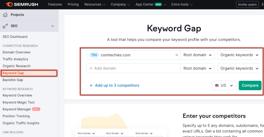 In the dashboard, you will see the feature, keyword Gap. Click it.