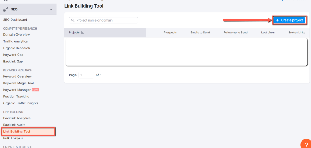 Now, in the SEO dashboard, click the Link Building Tool option and click 'Create Project'.