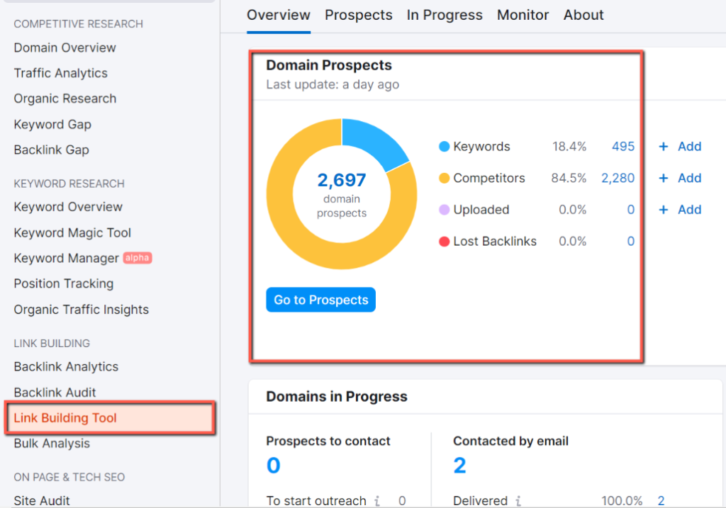 Now you can the overview of Domain Prospects. It will show you, how many domain prospects you have in your link-building tool.